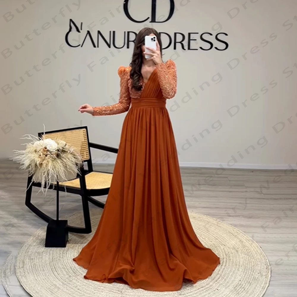 

Gorgeous Women's Elegant Evening Dresses A-Line Long sleeved Sexy V-Neck Princess Prom Gowns Fashion Celebrity Cocktail Party