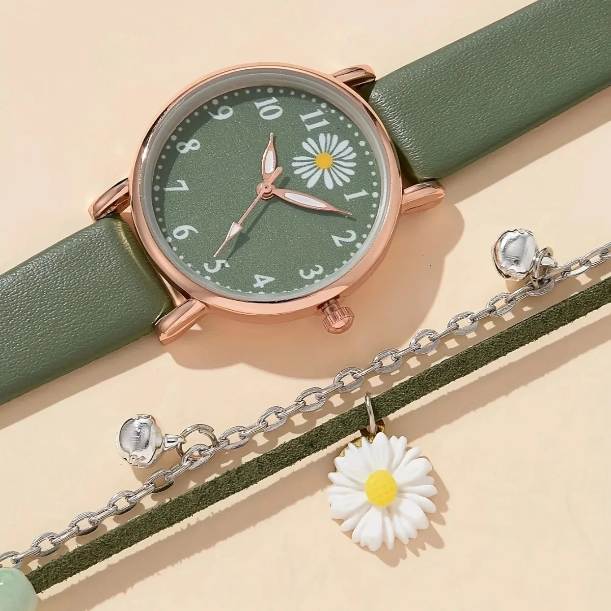 1pc Round Pointer Quartz Watch Cute Daisy Charm Electronic Wristwatch With PU Leather Strap & 1pc Bracelet, Best Gift For Her