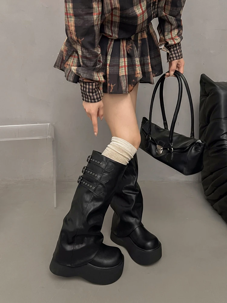 

Korean Sle Women's Long Tube Boots Thi Bot Heightening Bla Long Boots Leg a Large Tube Circumference Boots