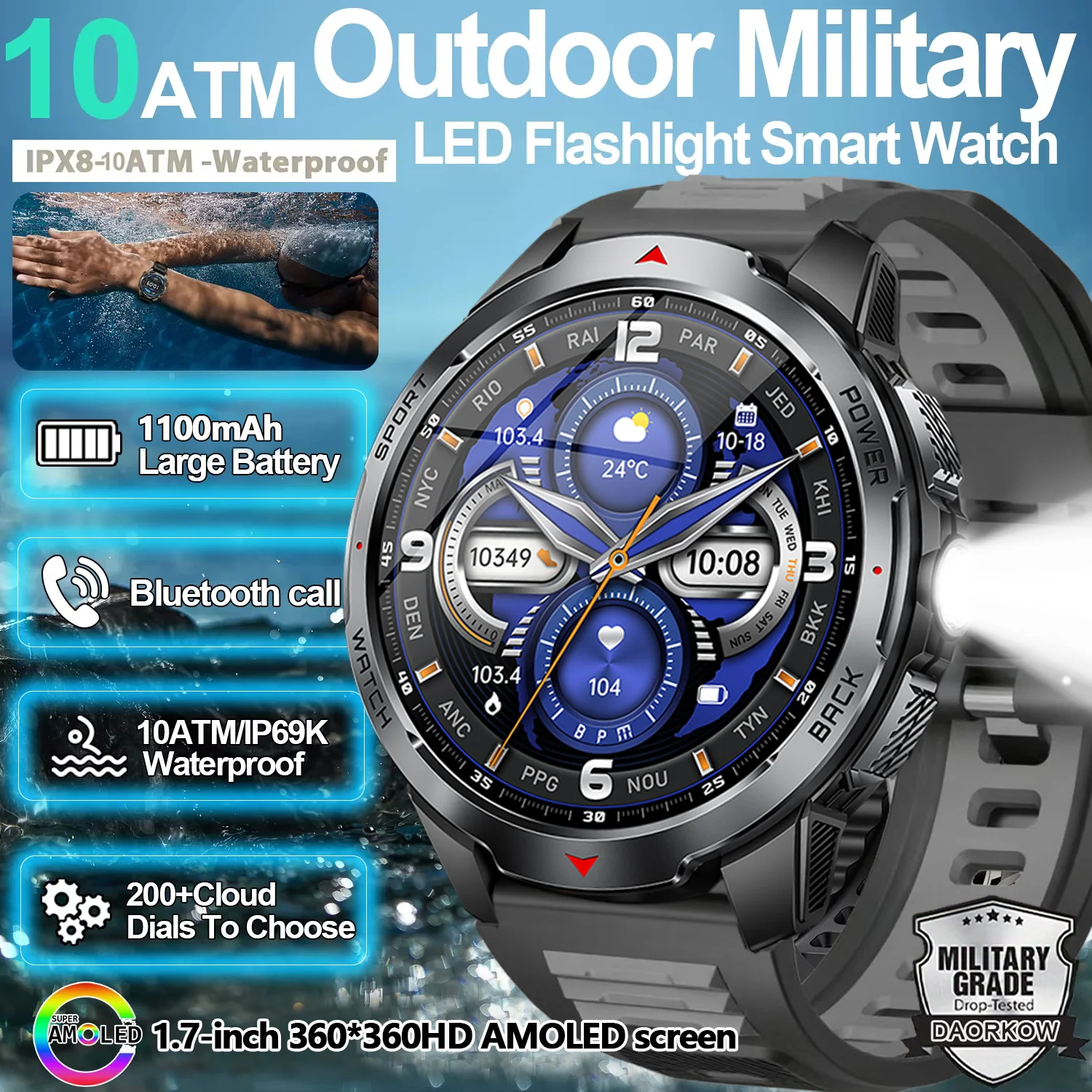 

DAORKOW Smart Watch LED Flashlight Outdoor Compass BT Calling Men Multi-Sports Fitness Tracker 1100Mah Large Battery Smart watch