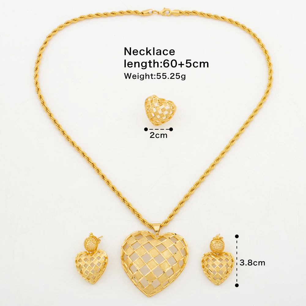 YM Women's Jewelry Set Gold Color Plated Hollow Heart Shaped Necklace Earrings 3-Piece Set Women's Gift Jewelry