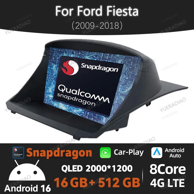 Rádio Automotivo Android 16 para Ford Fiesta 2009 - 2018, Reprodutor Multimídia de Vídeo, 4G LTE, 5G WIFI, GPS, Navegação, Bluetooth, Unidade Principal 2DIN QLED