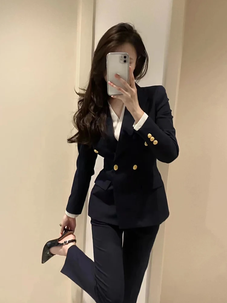 Professional Black Suit Set for Women New Style Career Interview Workwear Elite Chinese Style Long Sleeve Double Button