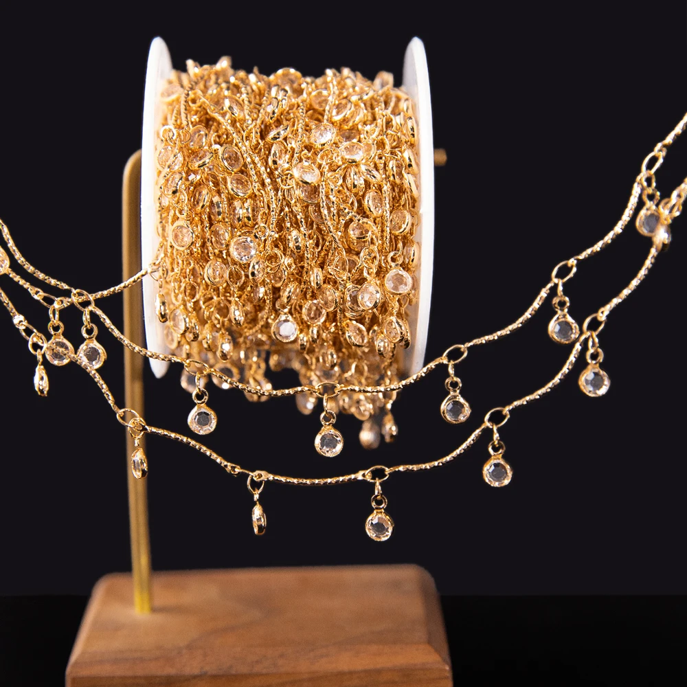1M Clear Crystal Round Beaded Chains Non-slip Slender Curved Rollers Copper Chain for DIY Necklace Bracelet Cloth Jewelry Making