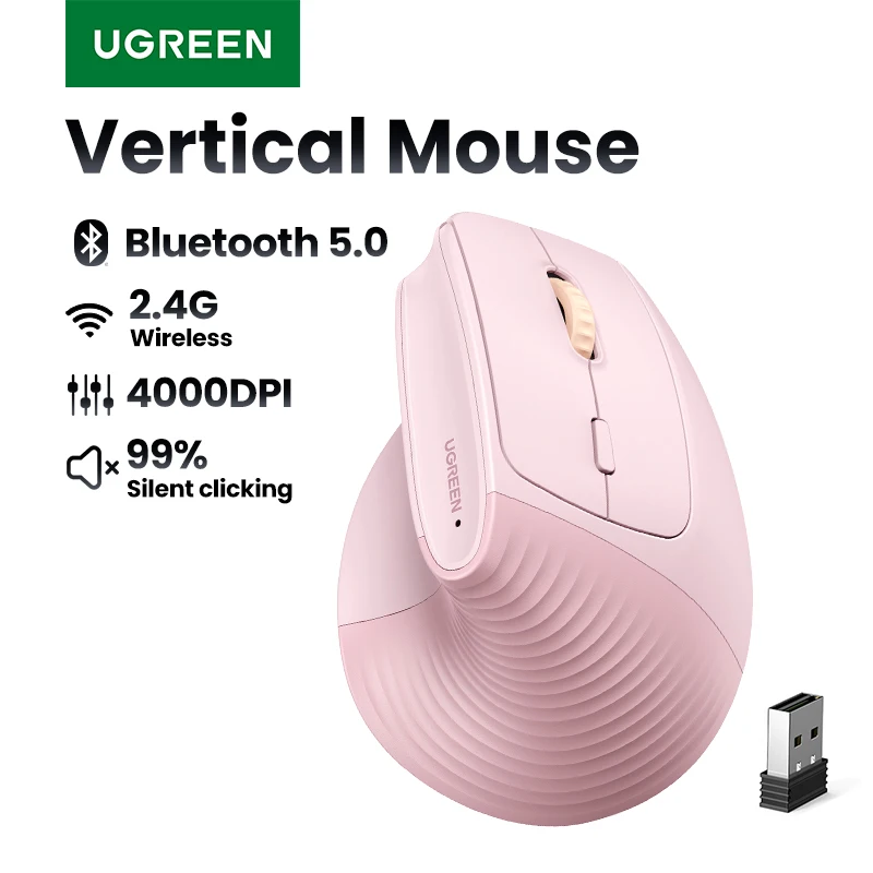 UGREEN Bluetooth 2.4G Vertical Wireless Mouse Ergonomic 4000DPI 6 Mute Buttons for MacBook Tablet Laptops