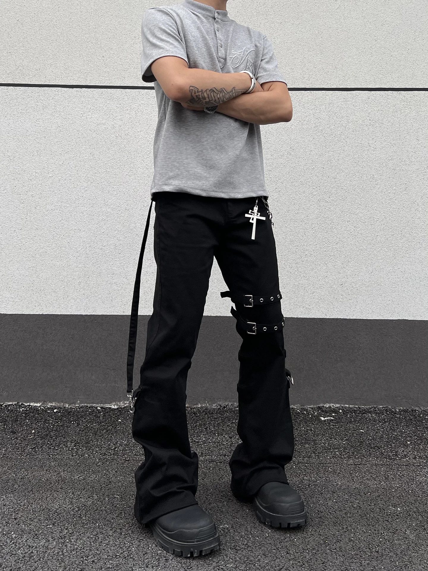 

Loose Straight Leg Men's Workwear Pants Bla Belted Bell Bot Casual Trousers Street Sle High Waist Zipper Fly Cotton