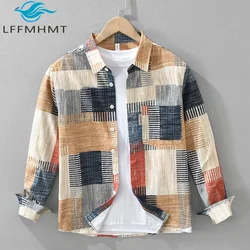 7592 100% Cotton Men's Casual Shirt Japan Style Good Quality Vintage Printing Long Sleeve Loose Casual Lapel Blouse Daily Tops