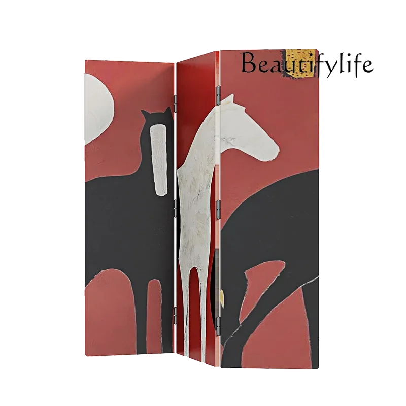 

BJ Lacquer Painting Screen Solid Wood Abstract Art Modern Simple Folding Screen Partition Wall Decorative Background Living Room