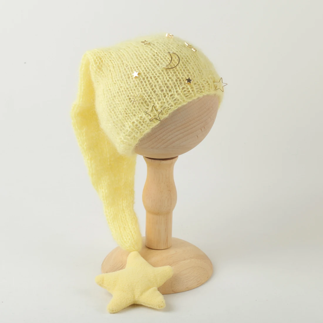 Yellow Stretch Mohair Newborn Photography Outfit Star Moon Knit Hat Footed Romper Baby Studio Photo Props