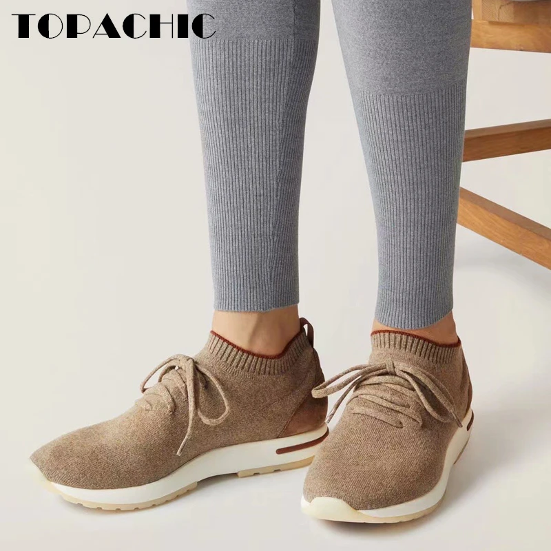 12.20 TOPACHIC Women\'s Sneakers Wool Knitted Round Toe Lace-Up Comfortable Casual Shoes