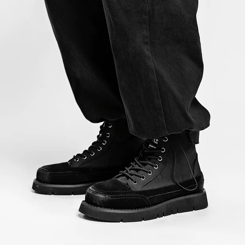 

Winter Motorcycle Boots men's high-top shoes versatile Korean short boots low-heels black trendy shoes Lace-up Fashion men boots