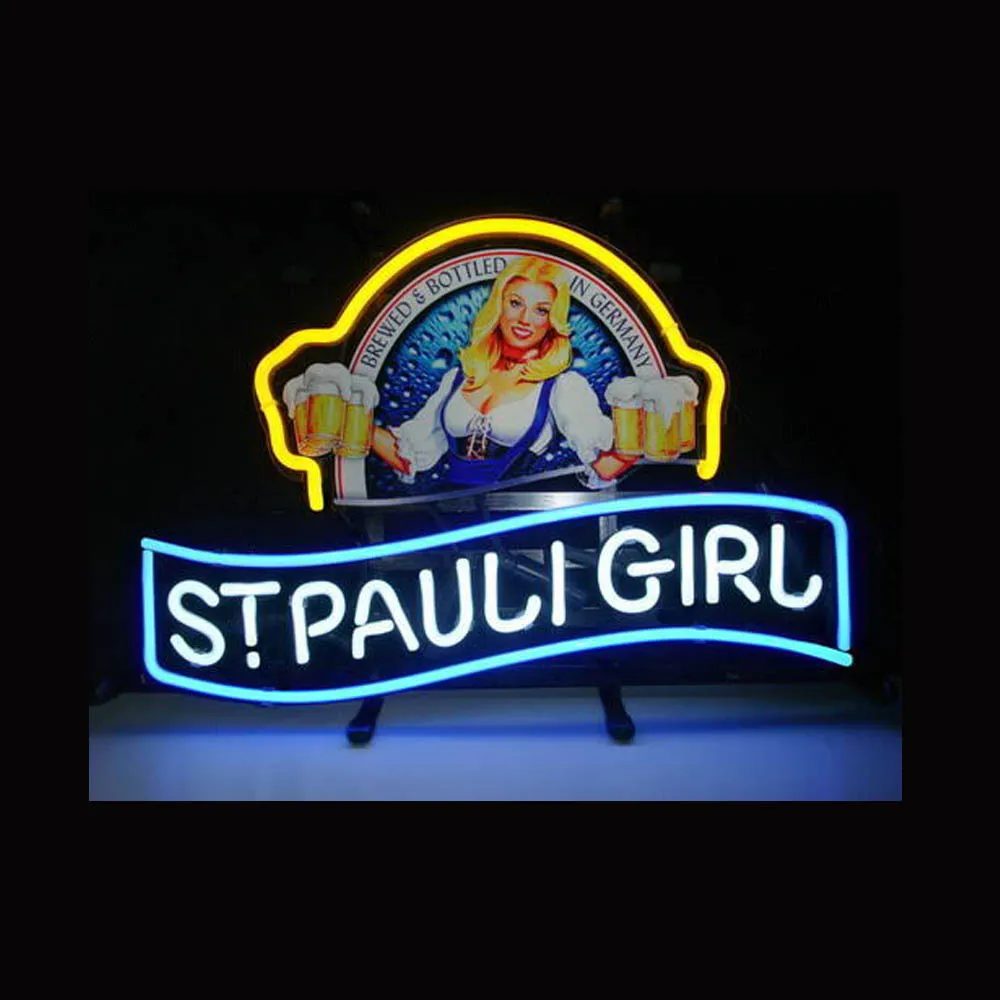 New St Pauli Girl Bar Beer Neon Sign Light Custom Handmade Real Glass Tube Room Decor Display Neon Lamp W/ Printed Board 14