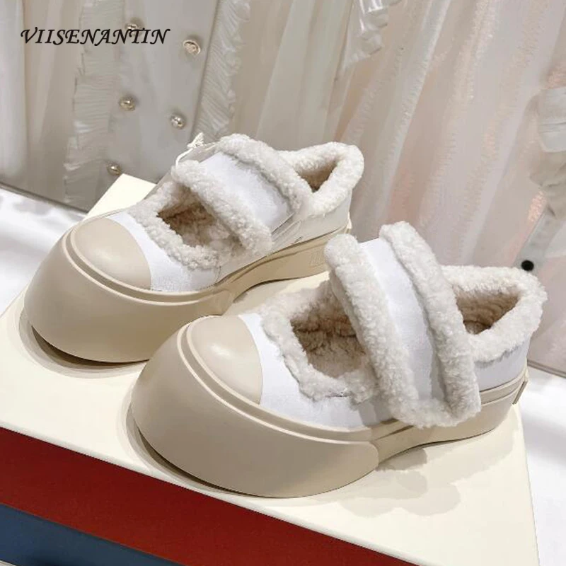 

Plush Lining Warm Winter Casual Shoe Women Round Toe Shallow Mouth Mary Jane Shoes Thick Sole Platform Little White Shoes Female