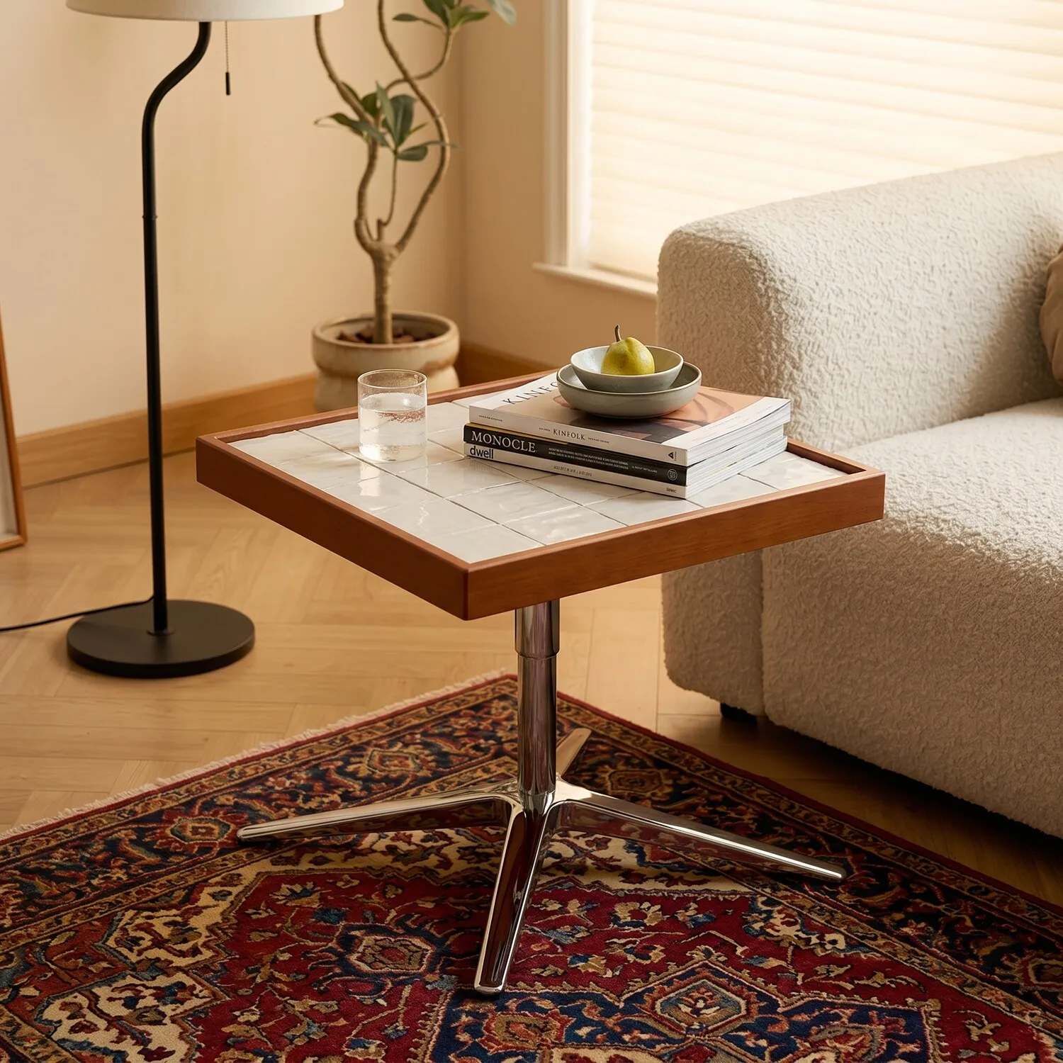 Medieval style coffee table tile desktop stainless steel lifting table  small living room small square  balcony tea table