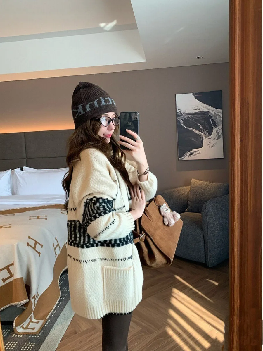 

Винтажный вязаный кардиган MUKOK: свободный крой, утепленный, в корейском стиле, повседневный, с длинными рукавами, осенне-зимний, на пуговицах