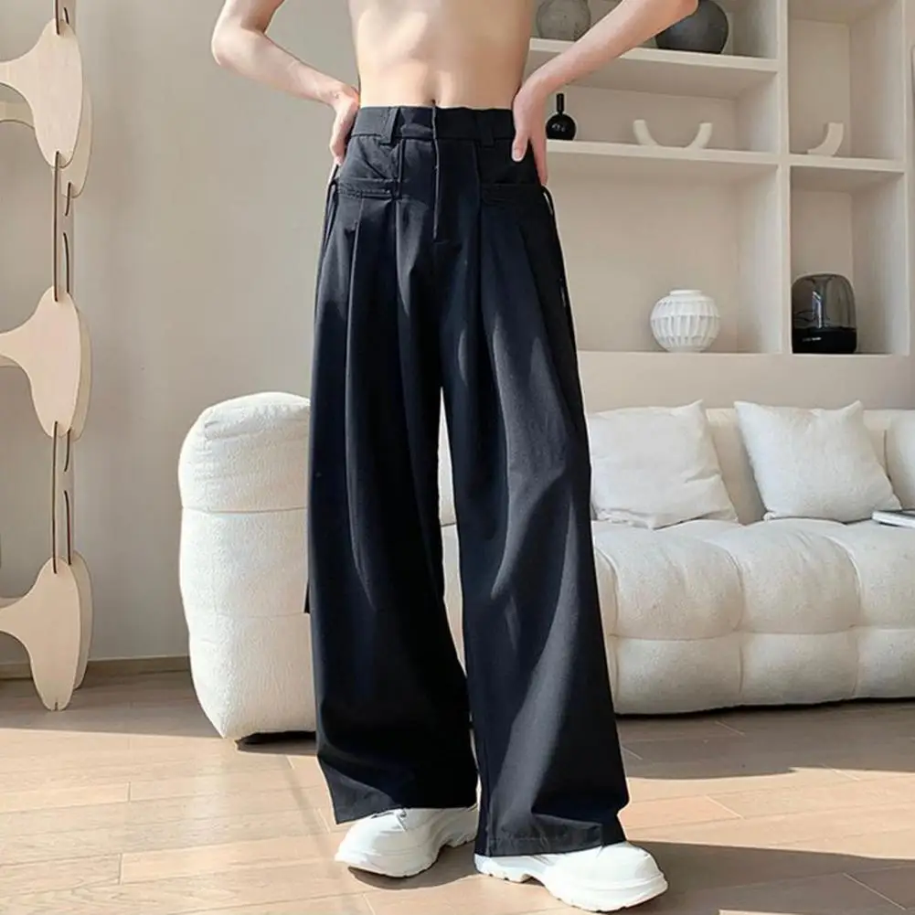 Men Wide-leg Pants Oversized Wide Leg Men's Ice Silk Pants with Crotch Pockets Zippered Ropes English Style for Streetwear