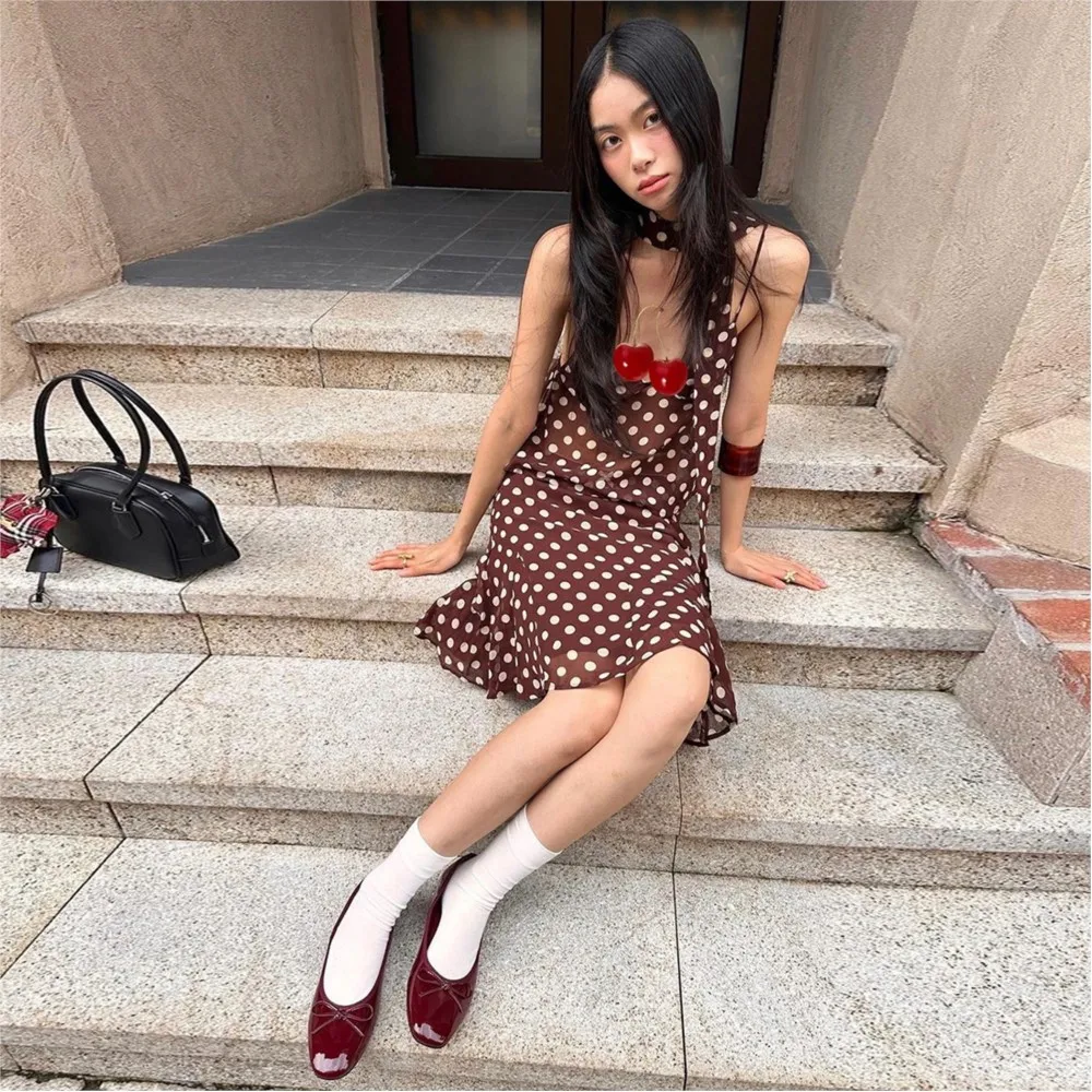 

Casual Skirt Two-piece Set With Polka Print Sweet Elegant Street Style V-neck Camisole Irregular Mid-length Skirt Two-piece Set