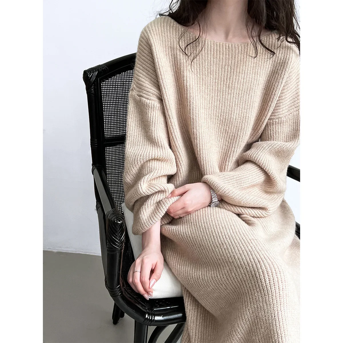 

Women's Lantern Sleeve Knitted Sweater Dress Beige White Gray Long Sleeve Straight Loose Long Knit Dress Fall Winter