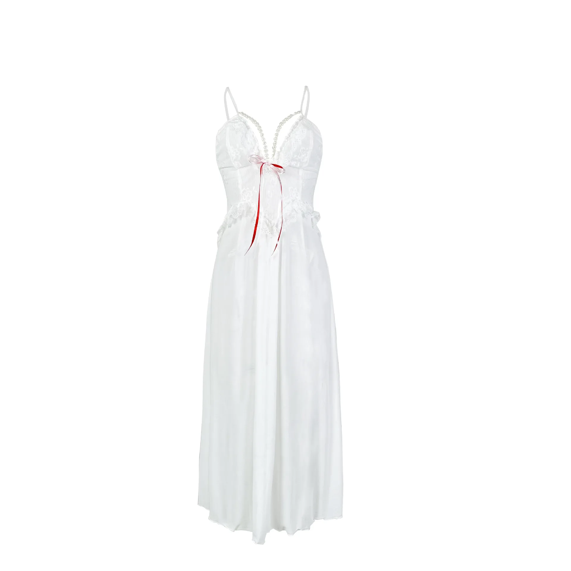 Women White Lace Satin Nightgown Pearl Trim V Neck Spaghetti Strap Front Bow Ruffle Waist Bridal Wedding Night Slip Dress 7CZD