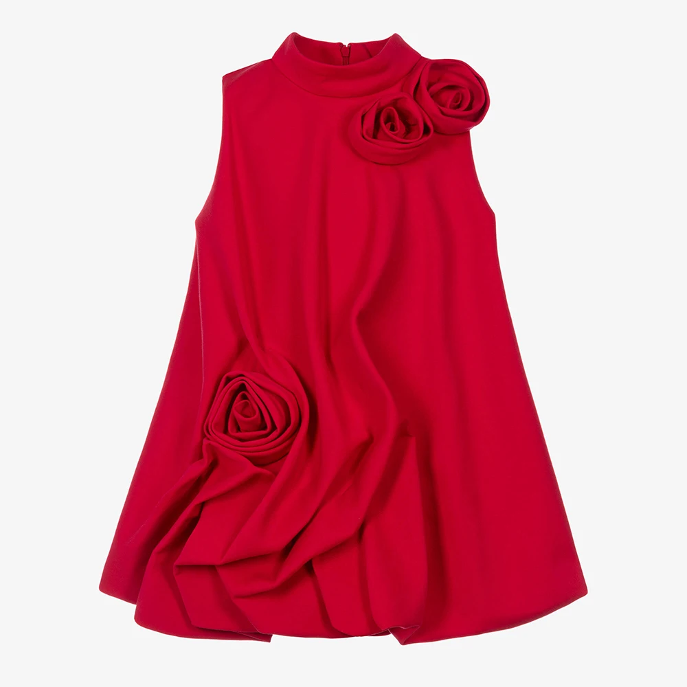 

Customized Girl's Party Dress Knee Length High Collar 3D Flowers Children Formal Gowns Short Pleated A Line Kid's Birthday Dress