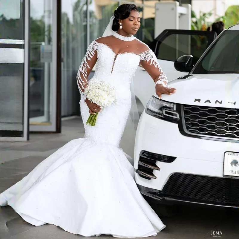 Customized Luxurious Aso Ebi Wedding Dresses For Bride African Arabic Plus Size Bridal Dress Mermaid Long Sleeves Shining Countr