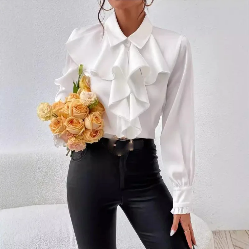 Boho Women\'s White Blouses Spring Fall Fashion Long Sleeve Ruffled Layered Decorative Casual Shirt For Women Office Top Clothing