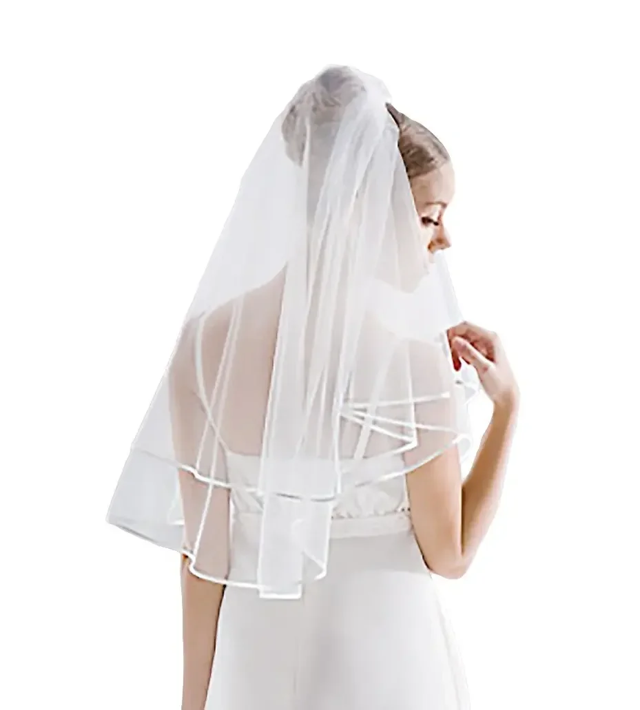 2-Tier Satin Edged Plain Designer Bridal Veil Waist Length 2023