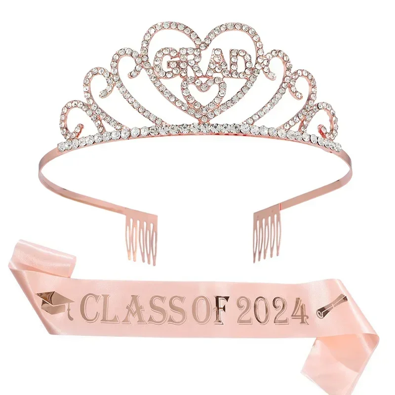 2024 Graduation Party Crown Strap Set Alloy Rhinestone Letters Graduated Headband Ceremonial Strap Hair Hoop Fashion Tiara Woman