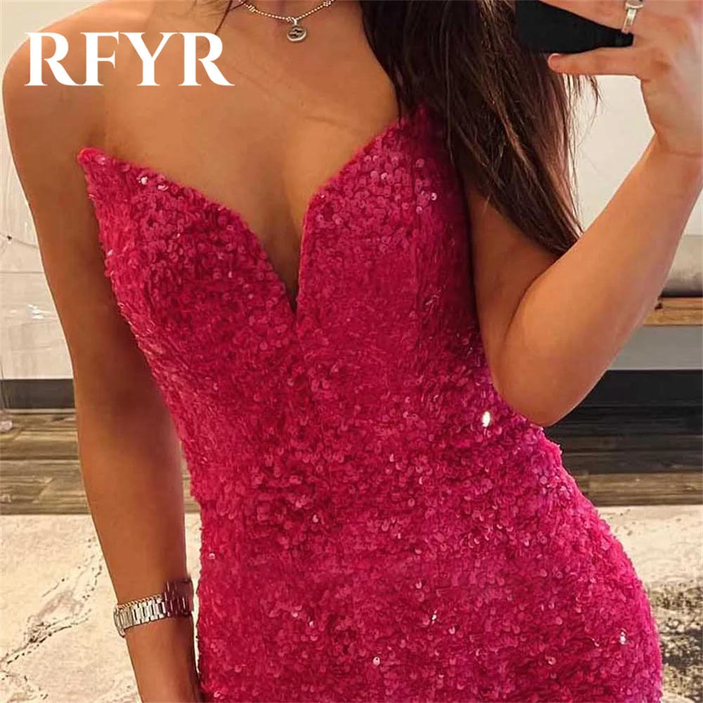 RFYR Fuchsia Prom Dress Sweetheart Trumpet Evening Dress Luxury Sequins Sleeveless Party Dress with Pleats Satin Robe De Soirée