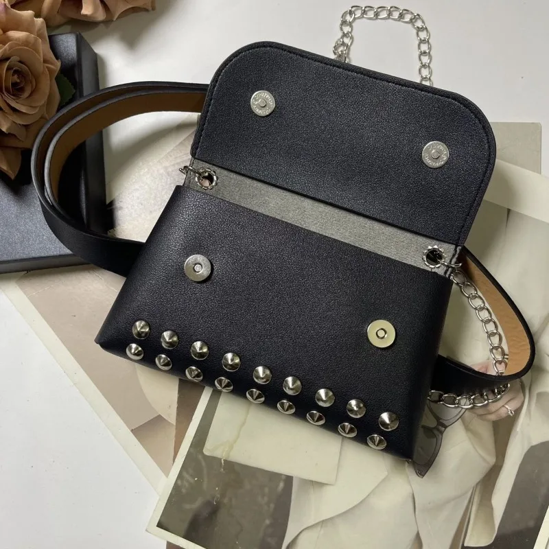 HD Biało-Czarna Nitowana Nowa Saszetka Nerka Pasek 2025 Moda Osobowość Nisza Łańcuszek PU Torba Kurierska i Pasek dla Kobiet Mężczyzn Prezent
