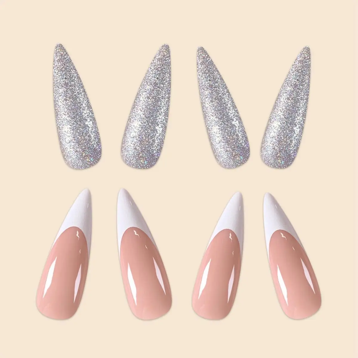 Women Summer Nails Long Stiletto Pink White Color Blocking French Silver Glitter Powder Full Coverage Wearable Fake Nail Set