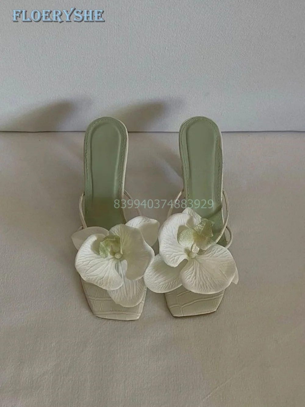 Flower Elegant Slippers Straps Women Shoes Square Open Toe Thin Heel Summer Green Pink White Shoes 2024 Fashion New Arrival