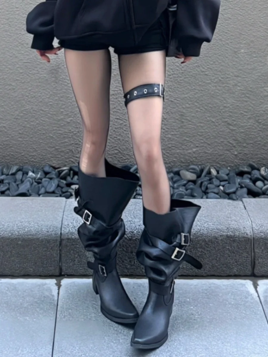 Trendy Chunky Heel High Tube Boots Women's Sharp Toe Booties Summer New Style Spicy Girl Large Cylinder Cummerbund Knight Boots