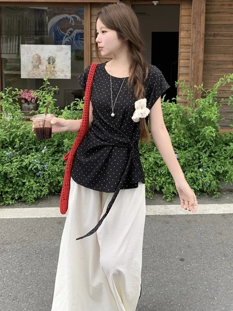 

Women's Summer New Design Sensation Sash Short Sleeve Top Versatile Wide Leg Pants Two Piece Set Casual Breathable Lightweight