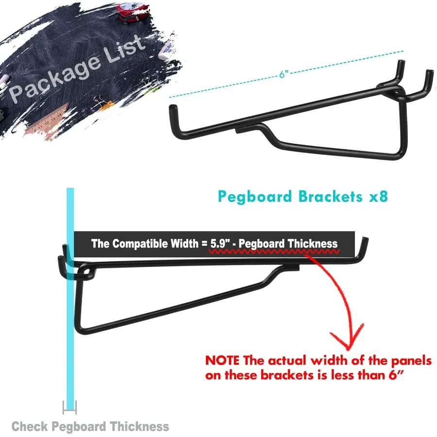 خطافات رف بيجبورد 8 عبوات 6 بوصة مجموعة خطافات معدنية سوداء 1 4 ih ملحقات منظم لوحة الوتد أرفف وسلال بين قوسين #2