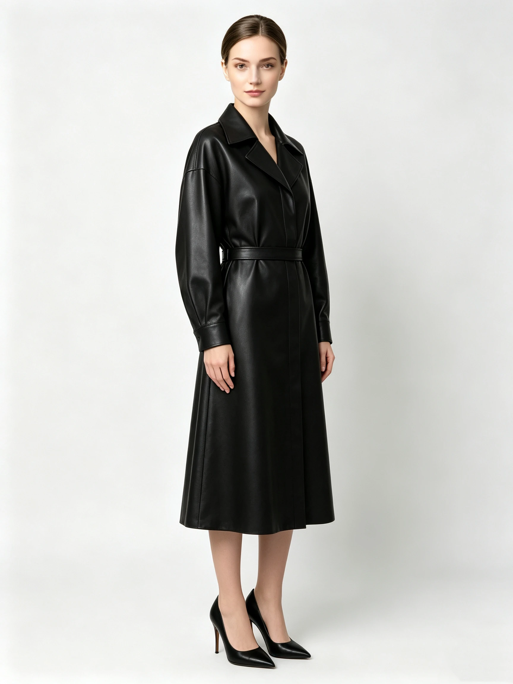 Women's Faux Leather Trench Coat Dress with Notched Lapel and Belted Waist