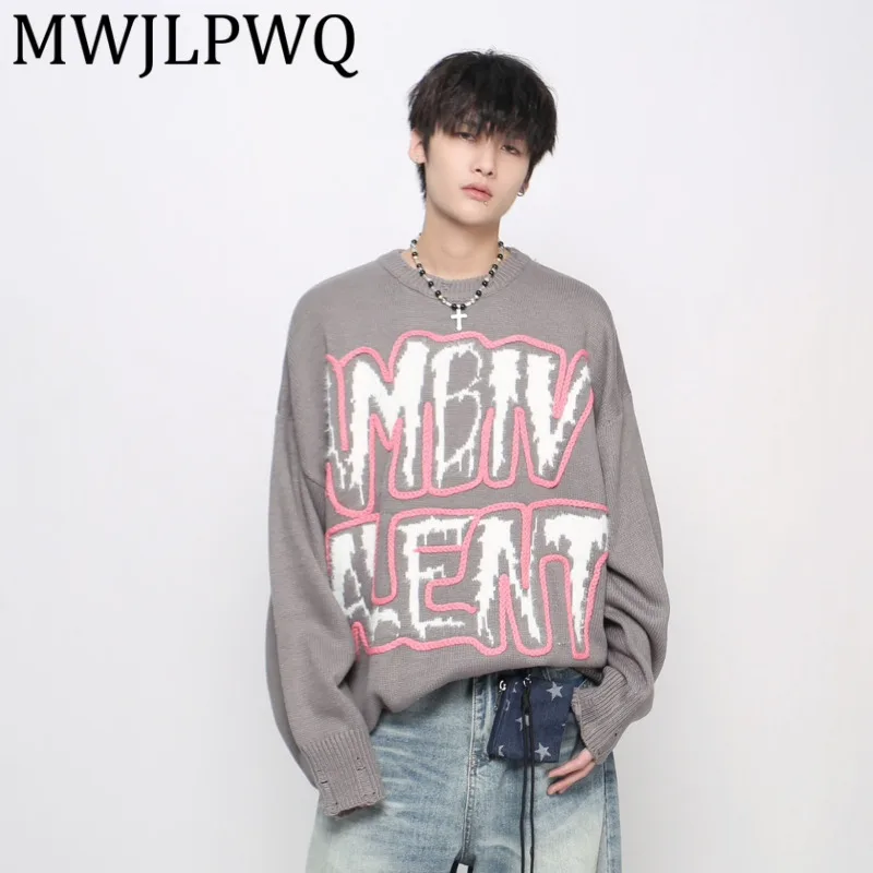 

MWJLPWQ American Hip-Hop Letter Knitted Round Neck Sweater For Men Autumn Winter Trendy Lazy Style Long Sleeve Couple Tops 21159