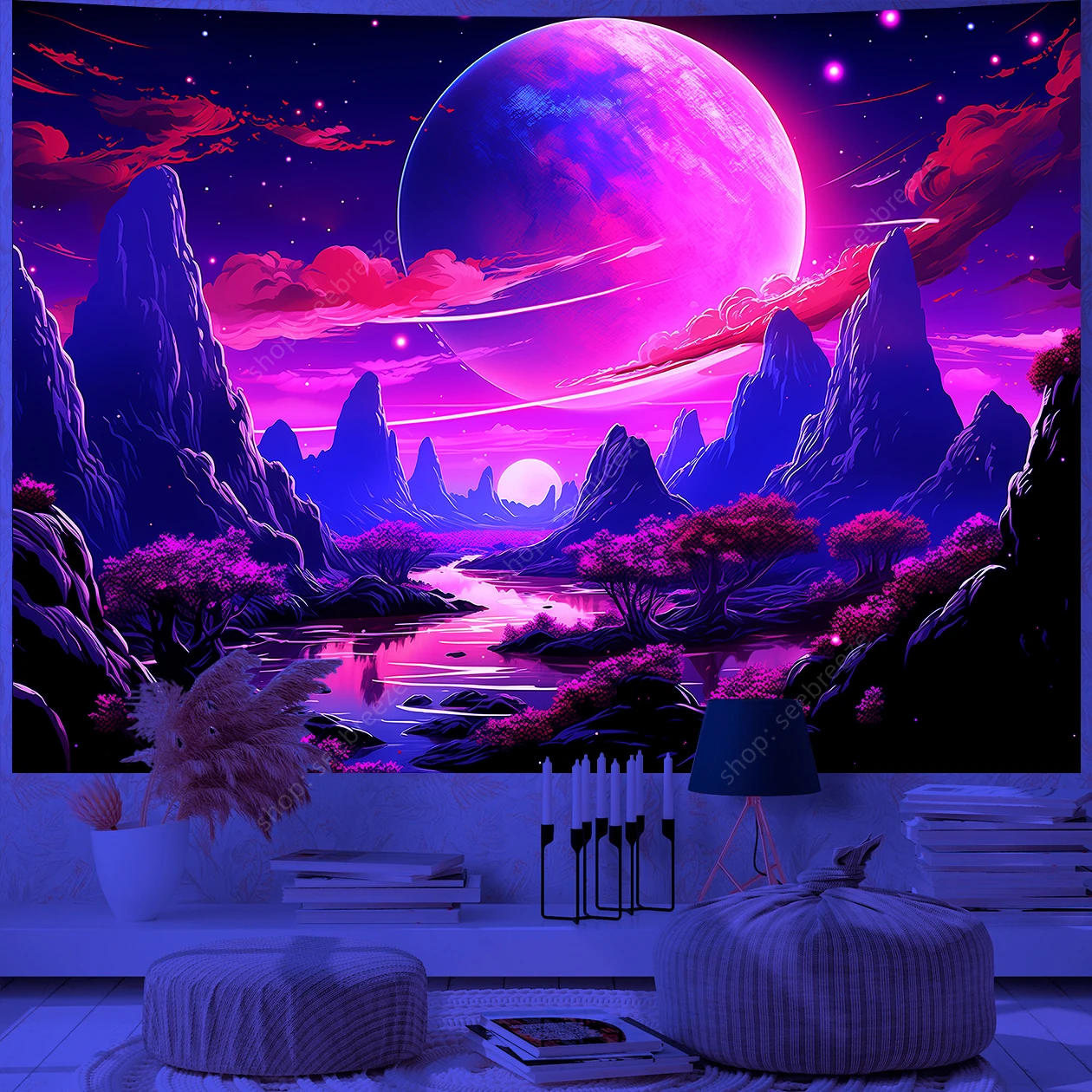 Galaxy Space Landscape UV Reactive Tapestry Trippy Planet Mountain River Neon Art Wall Tapestries for Bedroom Dorm Party Decor