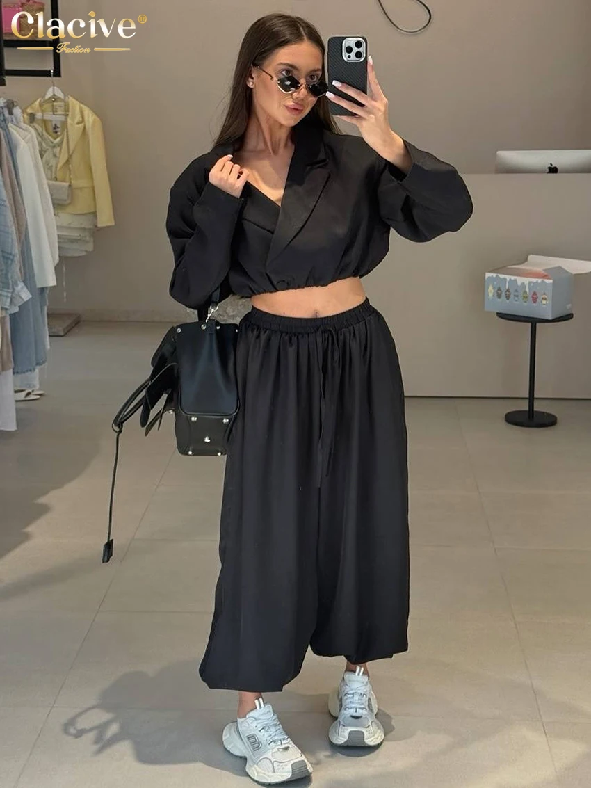 

Clacive Fashion Loose Black 2 Piece Set Women 2025 Elegant Long Sleeve Crop Shirt With High Waist Wide Pants Set Female Clothing