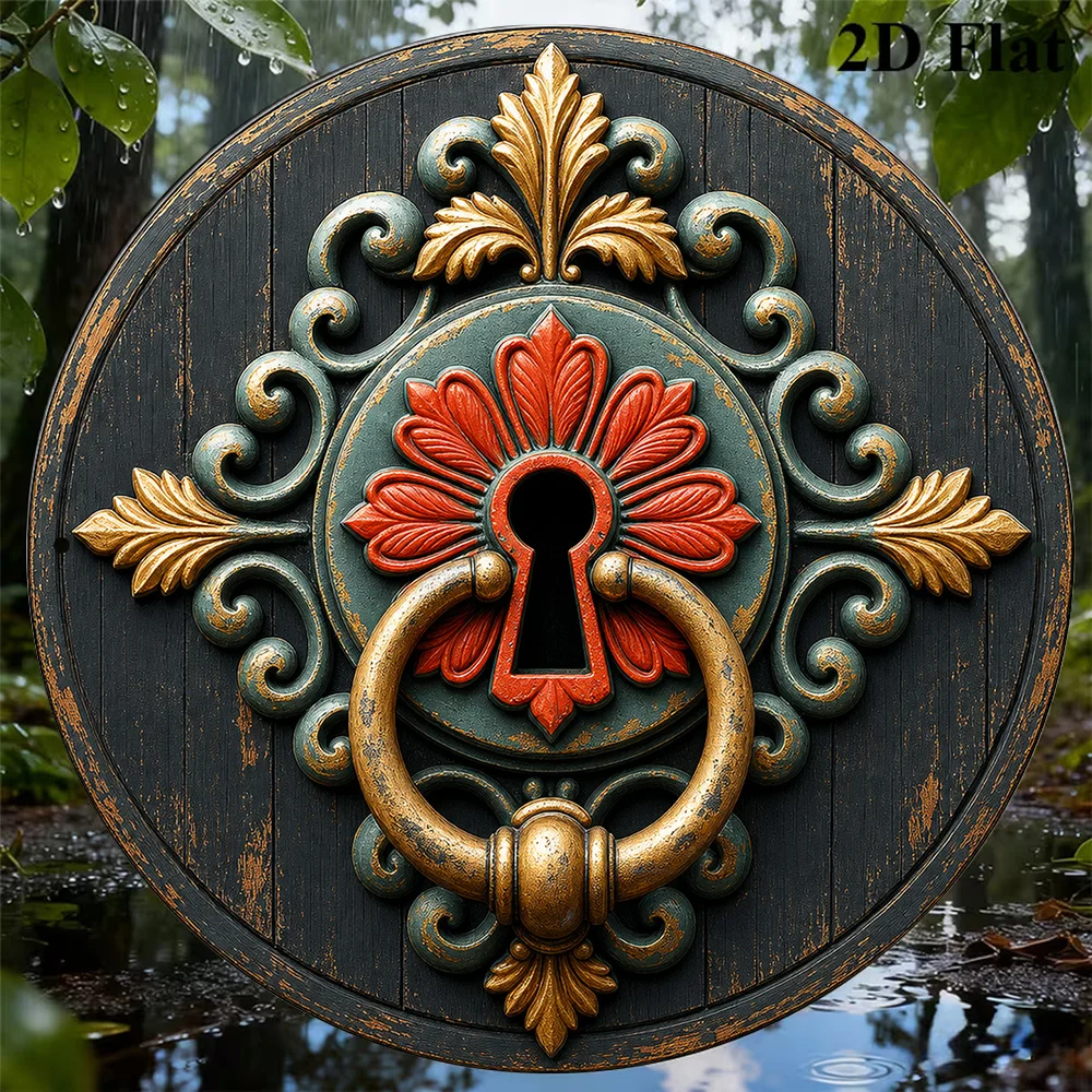 2D Flat, 1pc 8x8in/20x20cm 2D Flat Round Sign, Vintage Decorative Plaque Featuring a Vintage Door Knocker, European Palace Style