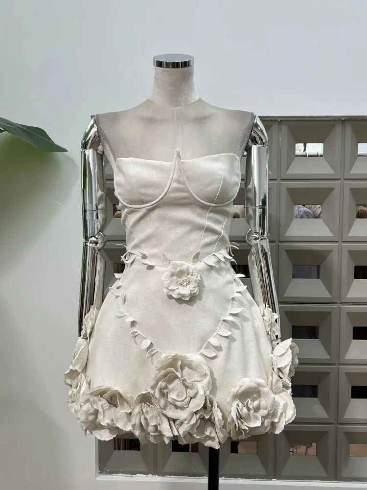 

2025 New Solid Backless A Line Mini Dress For Women Strapless Sleeveless High Waist Spliced Flower Party Celebrity Dresses