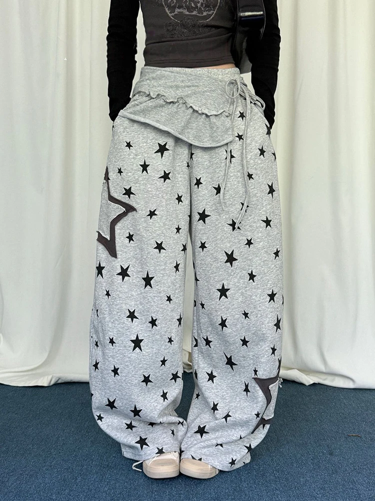 ReddaChic Women Elastic Waist Sweatpants & Mini Skirt Dance Gray Pockets Carrot Fit Stars Print Palazzo Pants Skater Streetwear