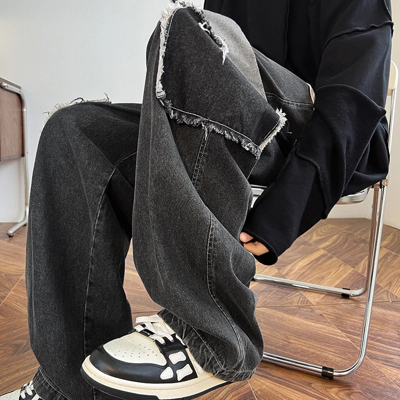 2024 New Trendy Jeans Vintage Washed 3D Pocket Workwear Denim Pants Casual Fashion Loose Straight Leg Men's Wide Leg Pants