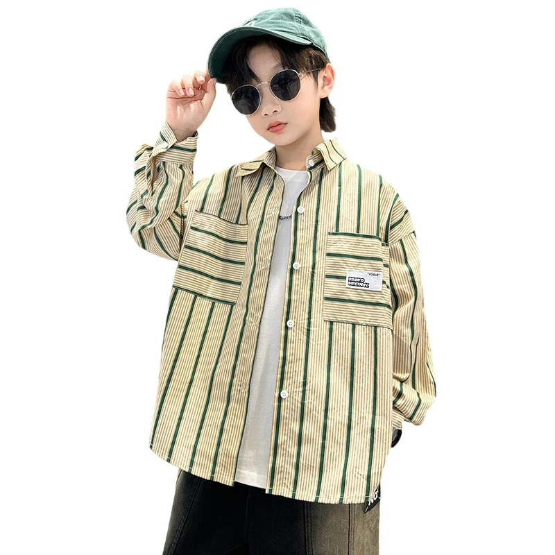 

Korean Kids Vertical Striped Shirt For Boy Fashion Long Sleeve Blouse Outfit Teenager Child Cool Street Outerwear Spring Clothes