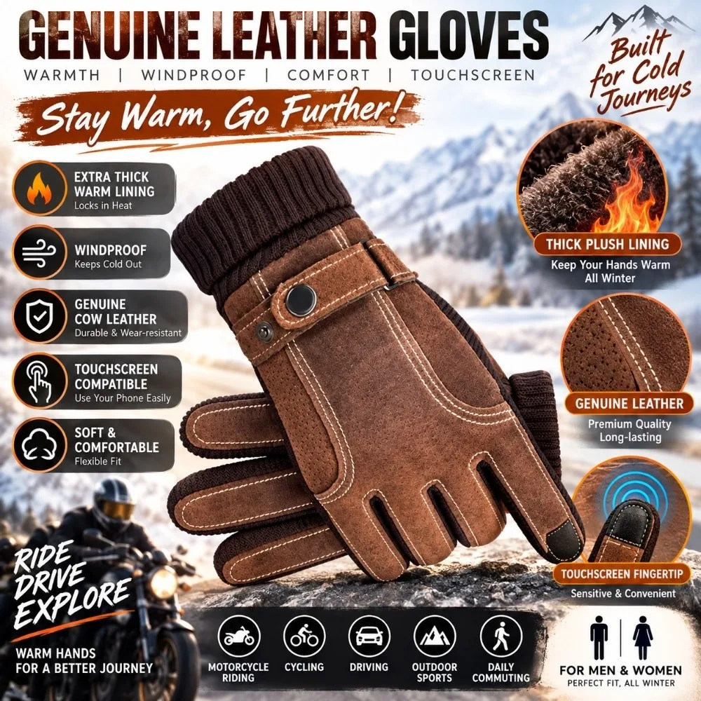 Full Finger Genuine Leather Gloves Touch Screen Windproof Riding Cycling Gloves Waterproof Non Slip Fleece Lined Gloves Winter