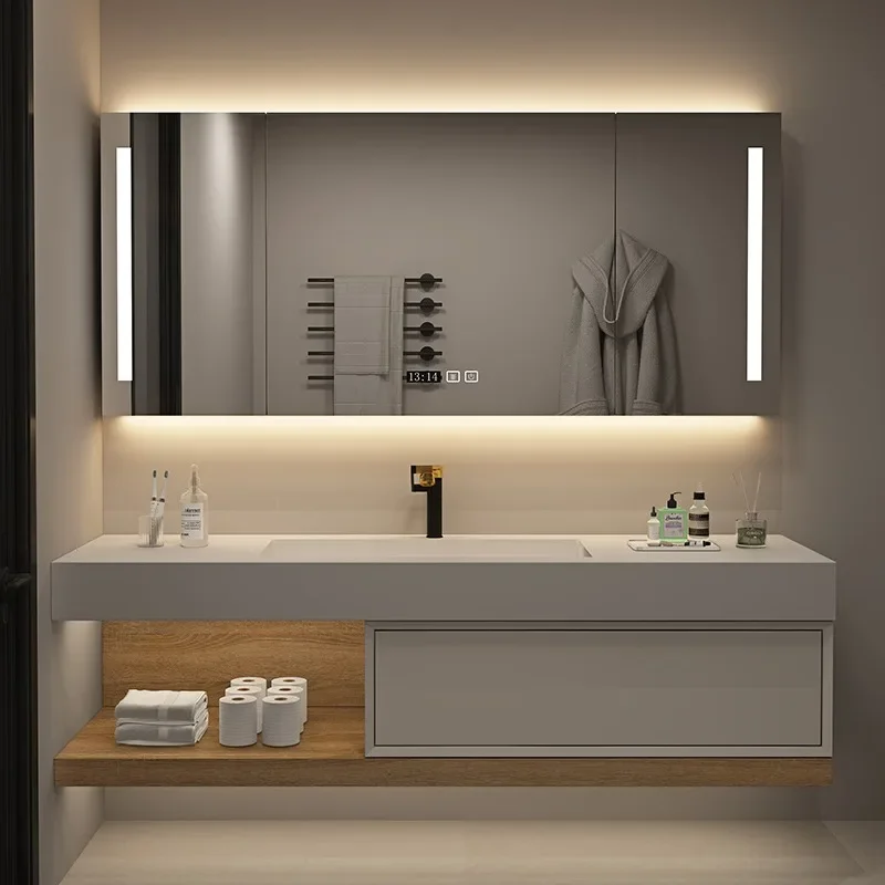 

Rock Slab Seamless Ceramic Integrated Basin Bathroom Cabinet Combination Hand Wash Basin Bathroom Cabinet Solid Wood