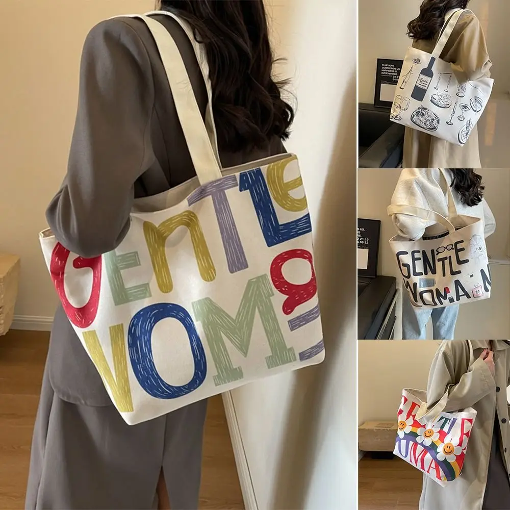 Fashion Canvas Shoulder Bag Casual Gentlewoman Tote Bag Cartoon Pattern Underarm Bag Large Capacity Handbag Shopping Bag