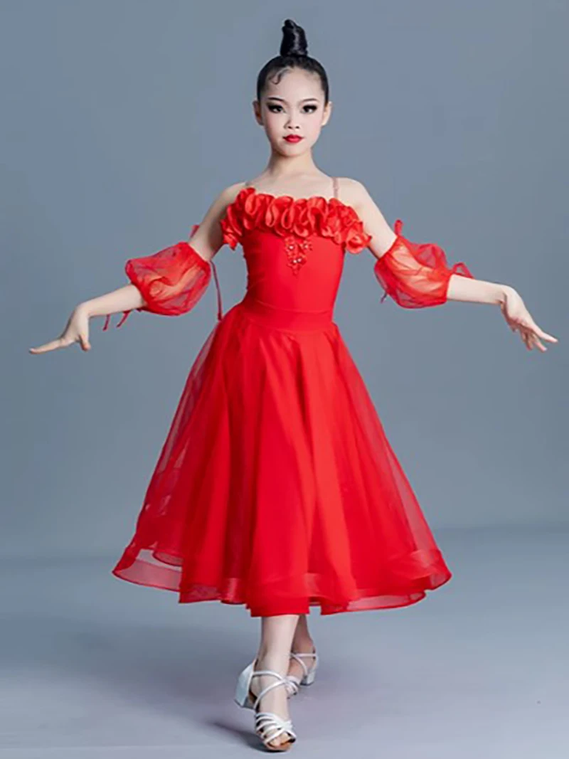 

Детские платья для девочек: танцевальные костюмы с бретельками-спагетти, оборками, сетчатой юбкой для вальса, социальных танцев, бальных танцев, фигурного катания и бальных выступлений