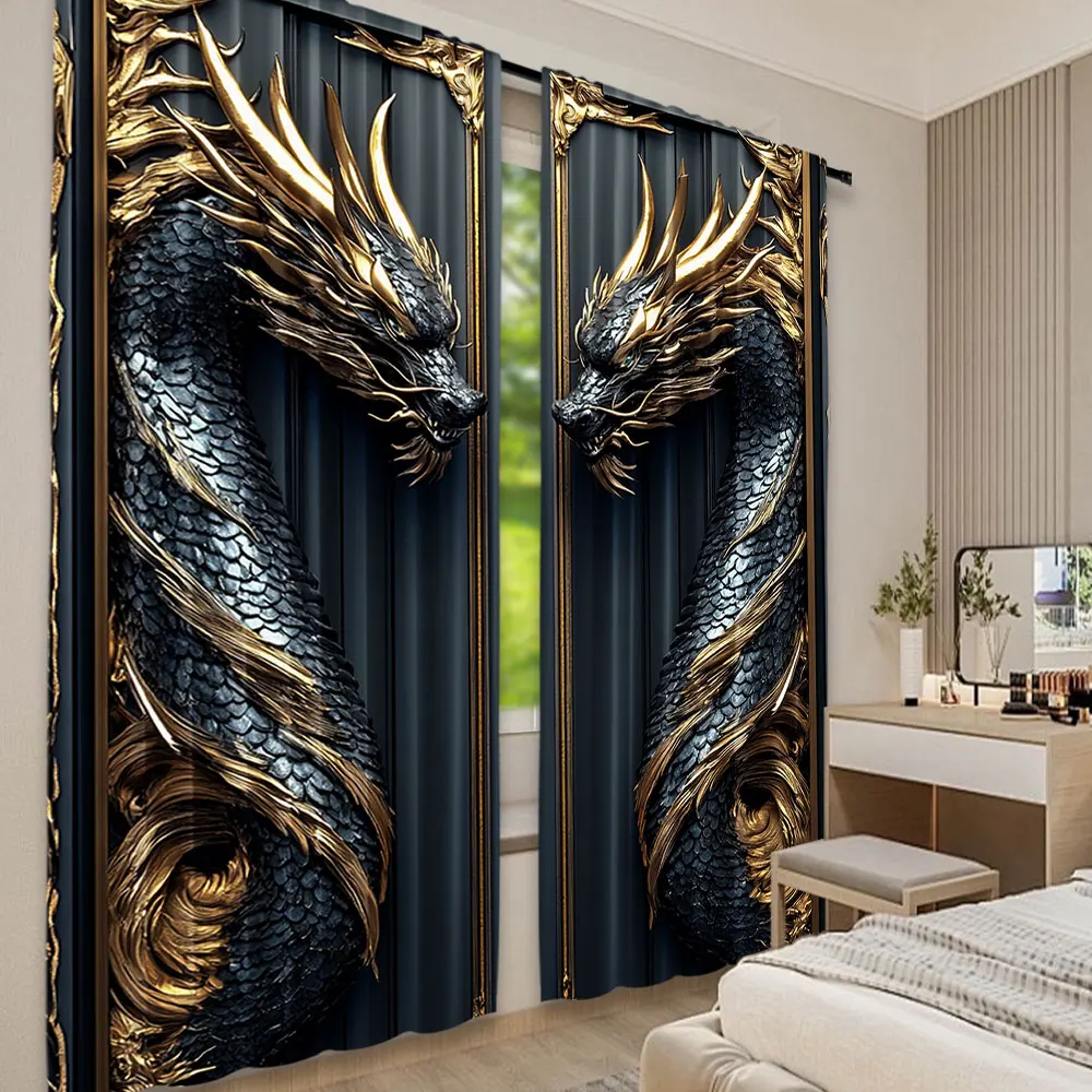 2Pcs Dragon Totem On The Door Patterned Curtains Suitable For Bedroom Kitchen Dining Room Living Room Study Office Bathroom