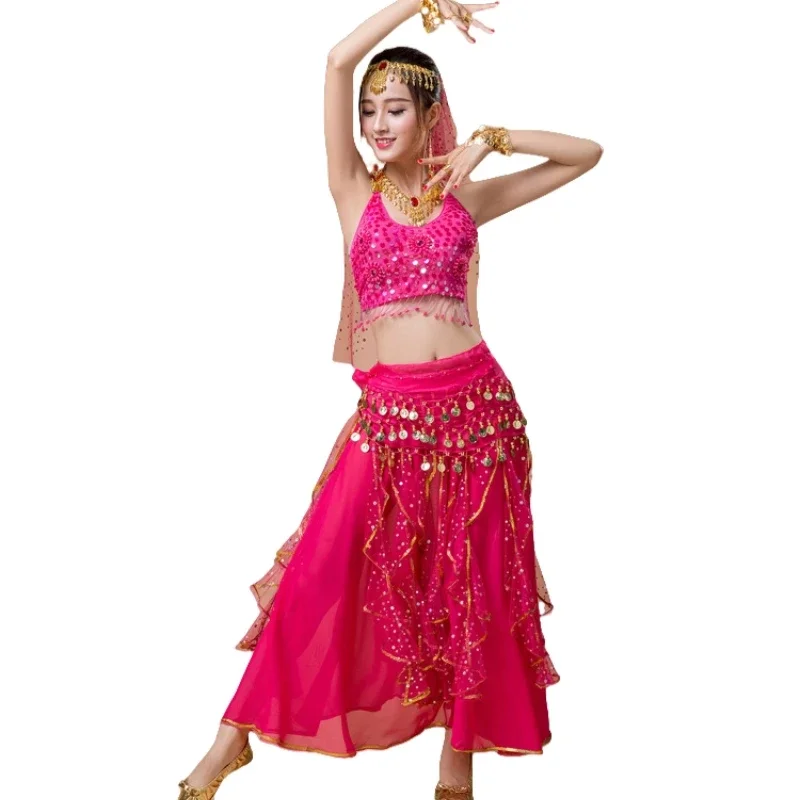 Glanzende buikdansset voor volwassenen, Oosterse Indiase dans voor dames, Arabische prinsessenkostuumset, oefenjurkset met pailletten voor dames